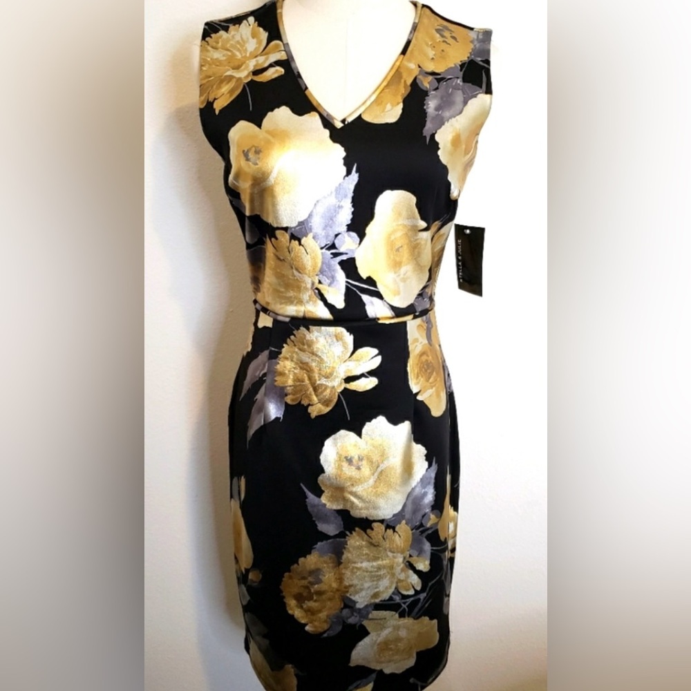 BRAND NEW STELLA and JULIE Elegant Floral Black and Gold Dress Size 6